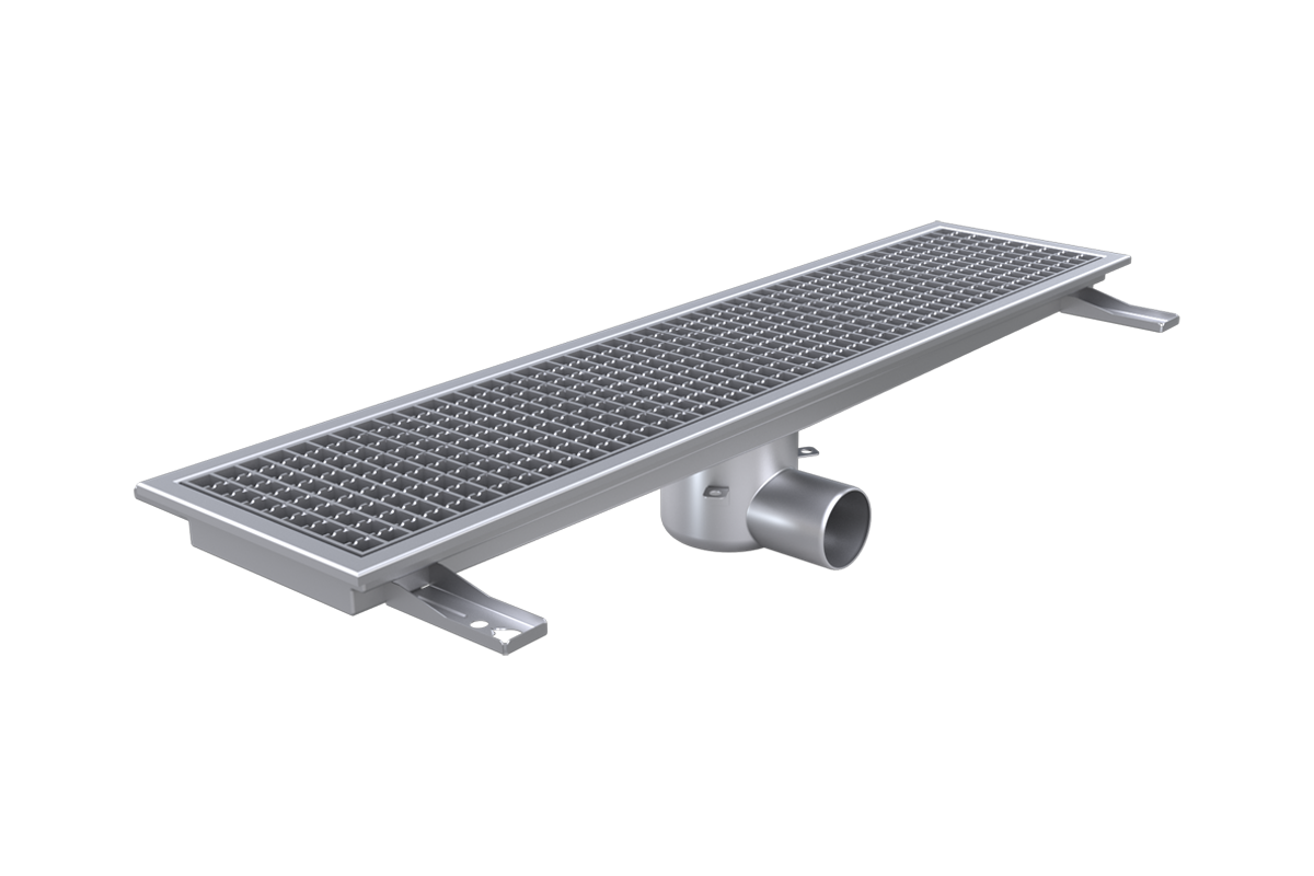 Stainless steel floor channel for kitchens, industrial settings, and workshops. Designed for long-lasting durability and easy installation in environments with light loads and efficient handling of large flows.