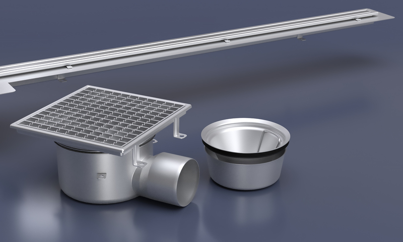 Rostfria golvbrunnar, rännor och tillbehör.