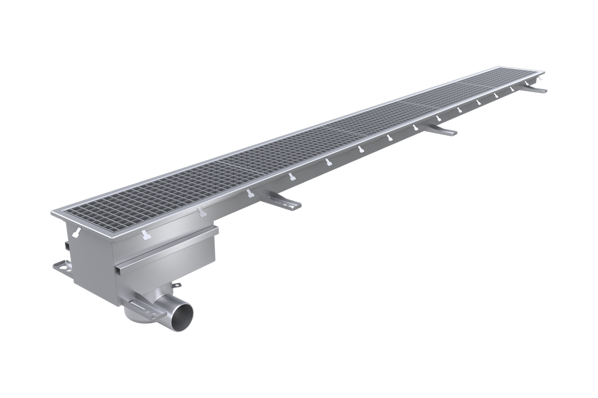 Robust stainless steel floor channel designed for industrial settings, workshops, and environments with heavy traffic. Long-lasting durability and easy installation in high-load environments for efficient drainage and reliable performance.
